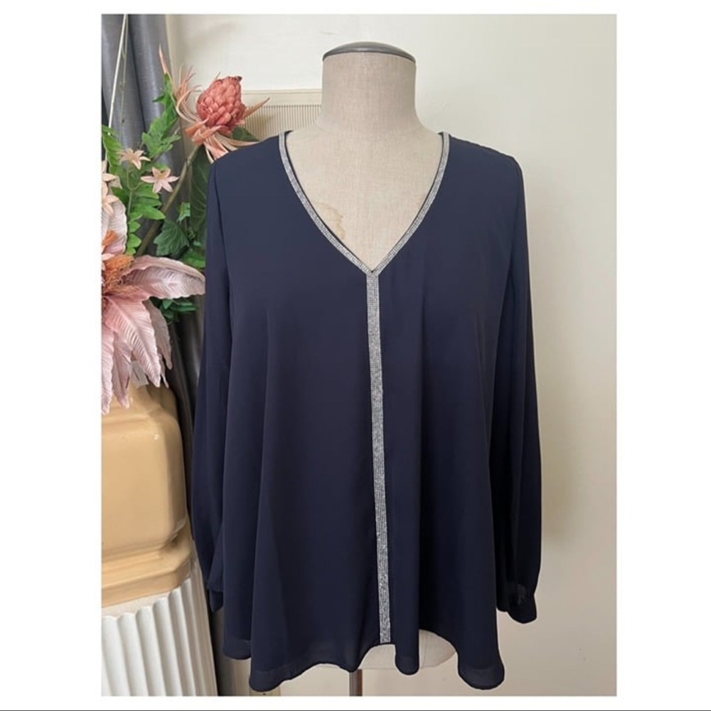 E1-- NWT navy blue PREMISE long sleeve sheer rhinestone blouse top MEDIUM $58